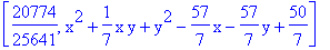 [20774/25641, x^2+1/7*x*y+y^2-57/7*x-57/7*y+50/7]